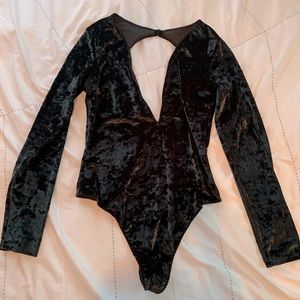 Deep V Backless Bodysuit Crushed Velvet Black